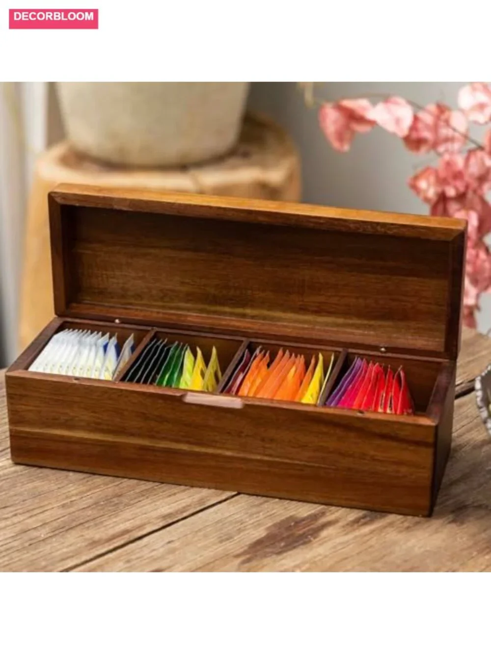 Acacia Wood Tea Bag Organizer - 4 Compartment Tea Storage Chest